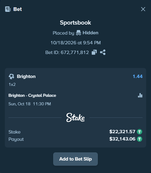 Bet slip: Brighton - Crystal Palace, $22,343.89 stake at 1.44 odds, placed by Jakeleik