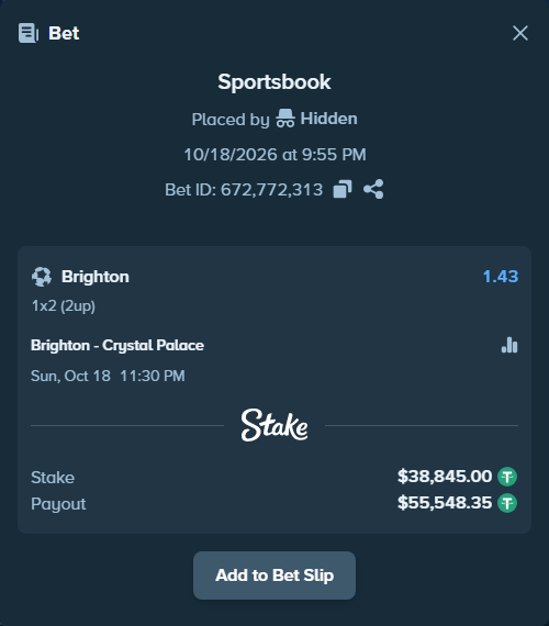 Bet slip: Brighton - Crystal Palace, $38,883.84 stake at 1.43 odds, placed by erlendw00