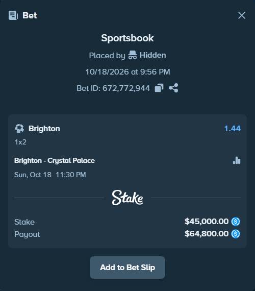 Bet slip: Brighton - Crystal Palace, $45,000.00 stake at 1.44 odds, placed by LinnPersonal