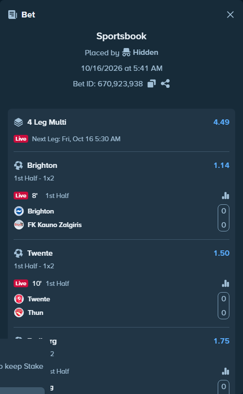 Bet slip: Brighton - FK Kauno Zalgiris, $10,000.00 stake at 1.14 odds, placed by Hidden