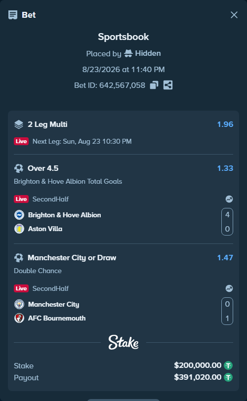 Bet slip: Brighton & Hove Albion - Aston Villa, $199,980.00 stake at 1.33 odds, placed by Hidden