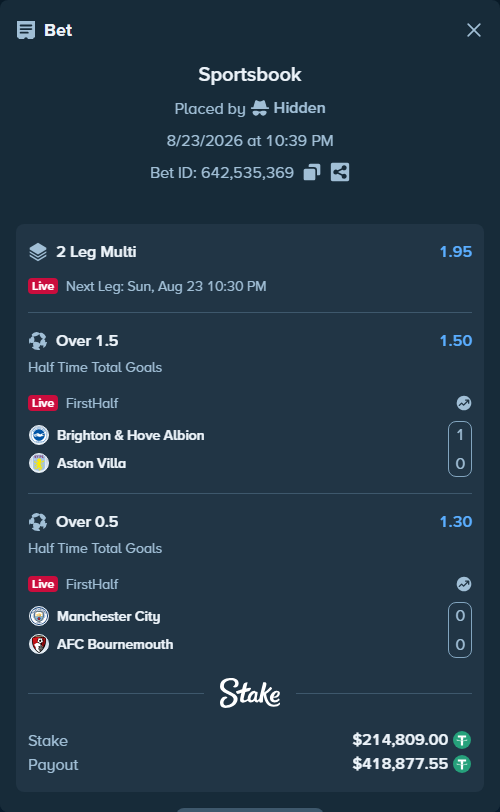 Bet slip: Brighton & Hove Albion - Aston Villa, $214,809.00 stake at 1.50 odds, placed by Hidden
