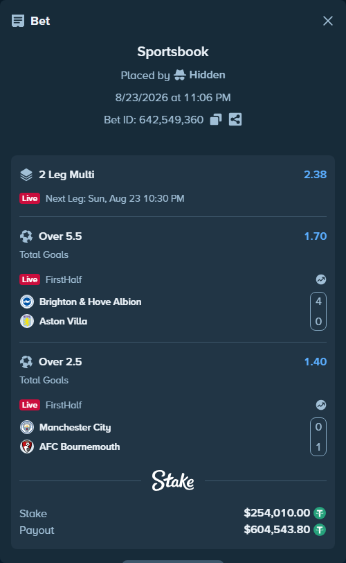 Bet slip: Brighton & Hove Albion - Aston Villa, $253,984.60 stake at 1.70 odds, placed by Hidden