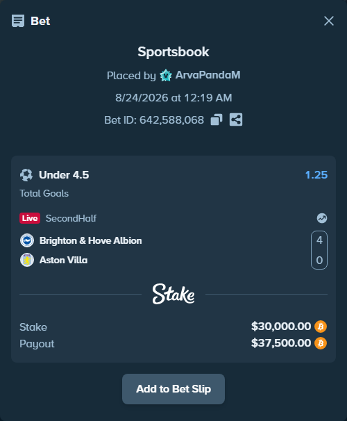 Bet slip: Brighton & Hove Albion - Aston Villa, $29,923.57 stake at 1.25 odds, placed by ArvaPandaM