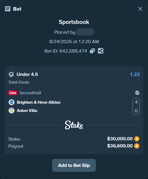 Bet slip: Brighton & Hove Albion - Aston Villa, $29,923.57 stake at 1.22 odds, placed by ArvaPandaM