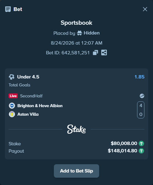 Bet slip: Brighton & Hove Albion - Aston Villa, $80,000.00 stake at 1.85 odds, placed by Hidden