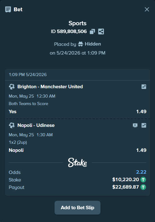 Bet slip: Brighton - Manchester United, $10,230.42 stake at 1.49 odds, placed by Hidden