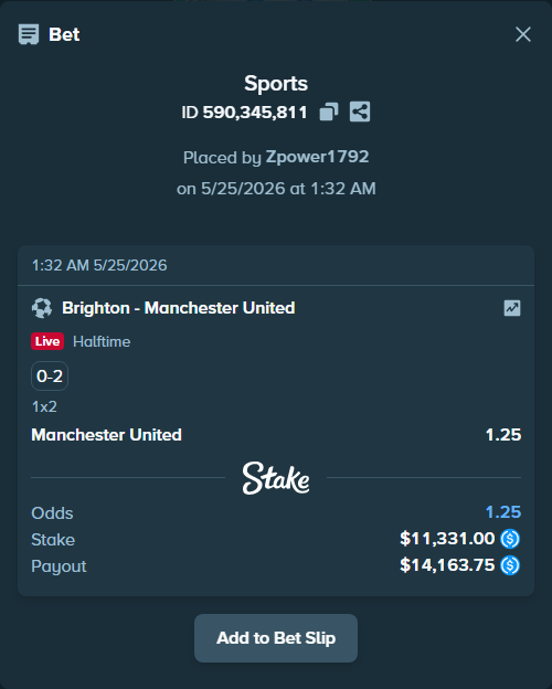 Bet slip: Brighton - Manchester United, $11,331.00 stake at 1.25 odds, placed by Zpower1792
