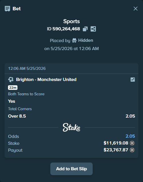 Bet slip: Brighton - Manchester United, $9,913.23 stake at 1.47 odds, placed by Hidden