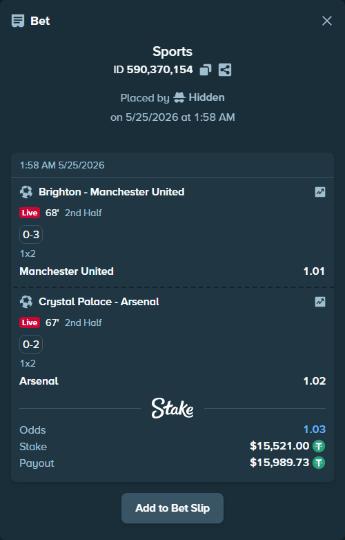 Bet slip: Brighton - Manchester United, $15,521.00 stake at 1.01 odds, placed by Hidden