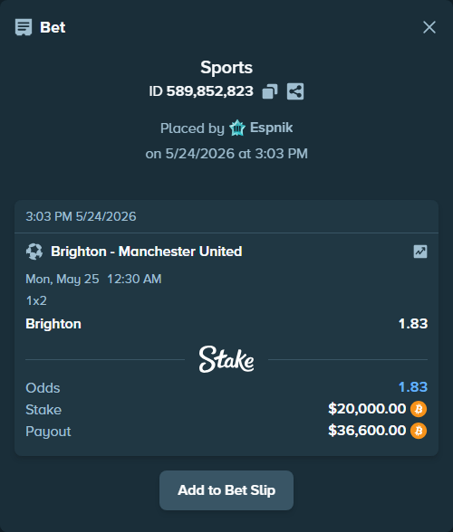 Bet slip: Brighton - Manchester United, $16,790.13 stake at 1.83 odds, placed by Espnik
