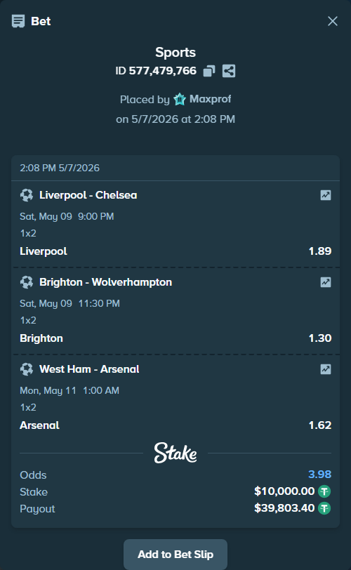 Bet slip: Brighton - Wolverhampton, $10,000.00 stake at 1.30 odds, placed by Maxprof