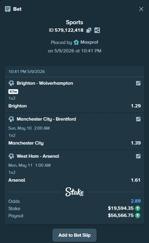 Bet slip: Brighton - Wolverhampton, $19,594.35 stake at 1.29 odds, placed by Maxprof