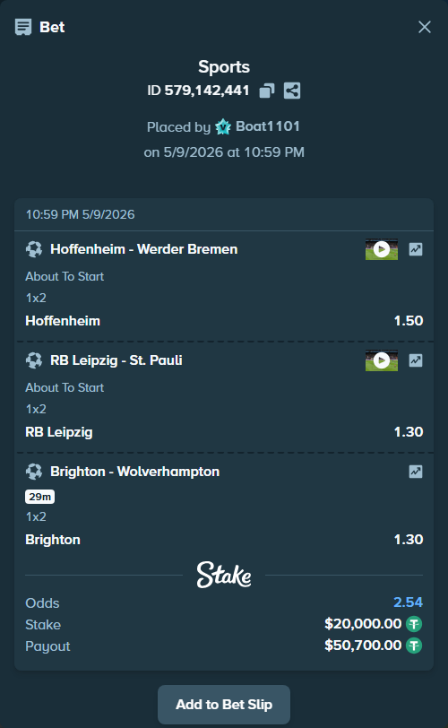 Bet slip: Brighton - Wolverhampton, $20,000.00 stake at 1.30 odds, placed by Boat1101