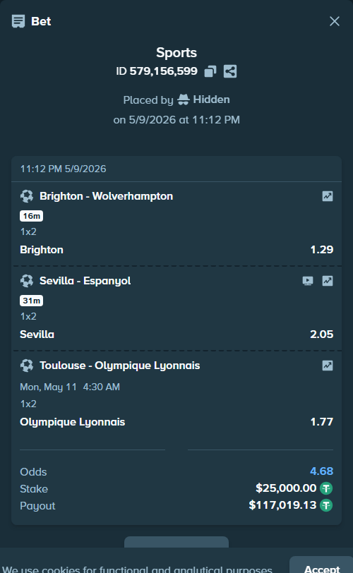 Bet slip: Brighton - Wolverhampton, $25,000.00 stake at 1.29 odds, placed by Robertchoinski