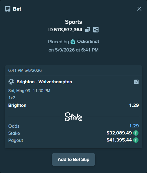 Bet slip: Brighton - Wolverhampton, $32,089.49 stake at 1.29 odds, placed by Oskarlindt