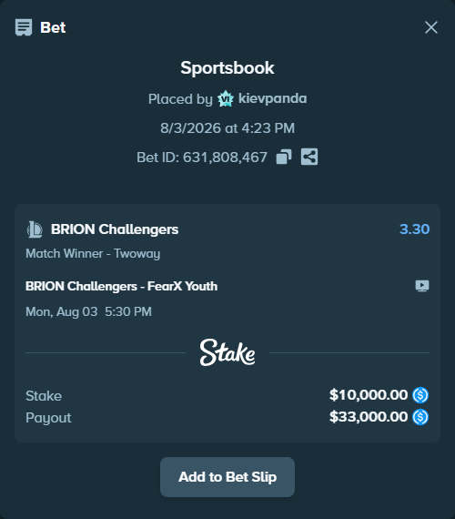 Bet slip: BRION Challengers - FearX Youth, $10,000.00 stake at 3.30 odds, placed by kievpanda