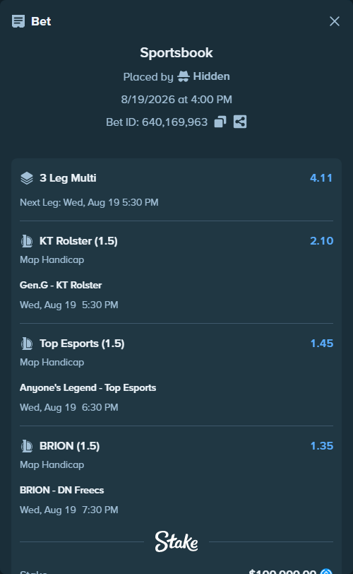 Bet slip: BRION - DN SOOPers, $100,000.00 stake at 1.35 odds, placed by Hidden