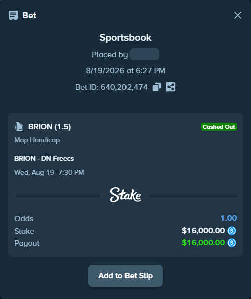 Bet slip: BRION - DN SOOPers, $16,000.00 stake at 1.40 odds, placed by AdrewTate