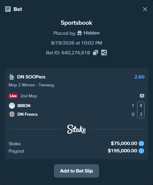 Bet slip: BRION - DN SOOPers, $75,000.00 stake at 2.60 odds, placed by Hidden