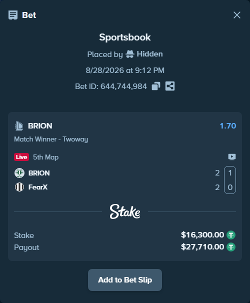 Bet slip: BRION - FearX, $16,300.00 stake at 1.70 odds, placed by Hidden