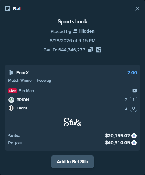 Bet slip: BRION - FearX, $19,926.51 stake at 2.00 odds, placed by Hidden
