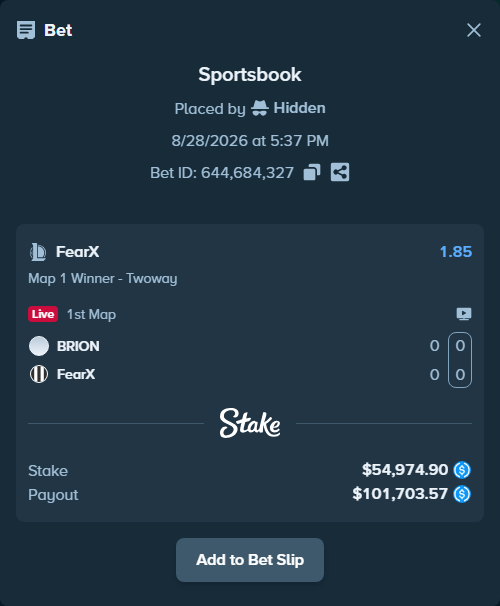 Bet slip: BRION - FearX, $54,974.90 stake at 1.85 odds, placed by Hidden
