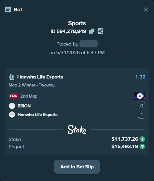 Bet slip: BRION - Hanwha Life Esports, $11,749.00 stake at 1.32 odds, placed by stw888