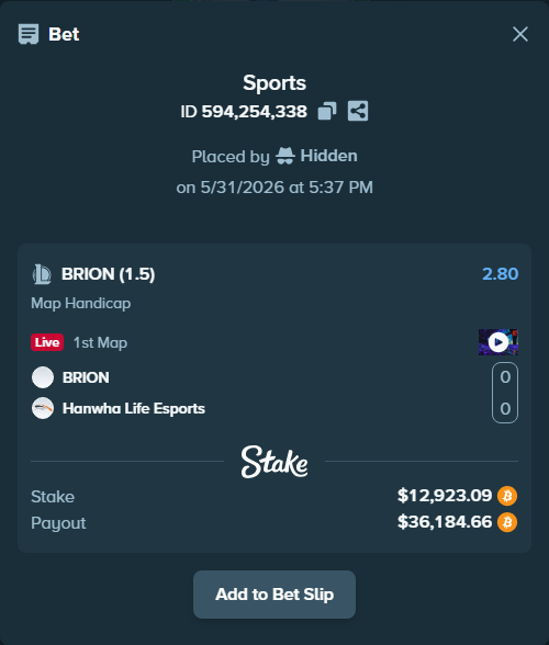 Bet slip: BRION - Hanwha Life Esports, $11,264.69 stake at 2.80 odds, placed by Hidden