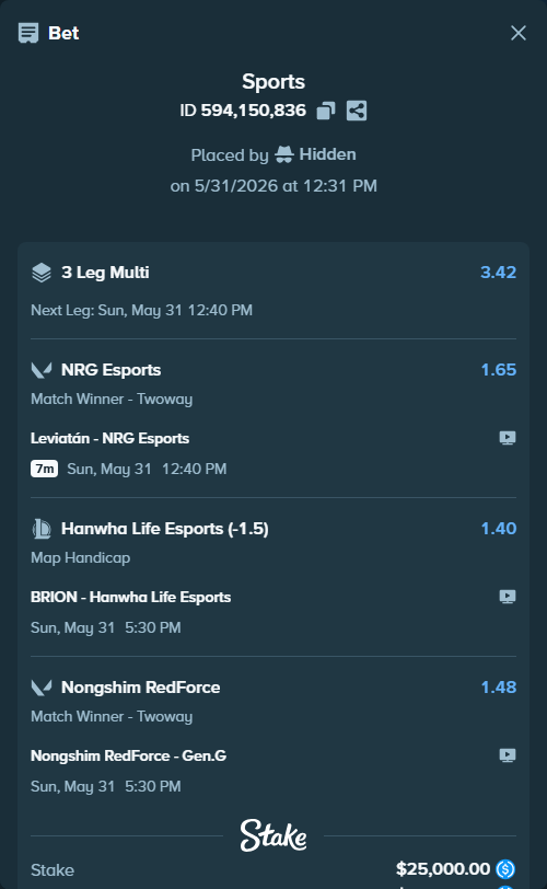 Bet slip: BRION - Hanwha Life Esports, $25,000.00 stake at 1.40 odds, placed by Hidden