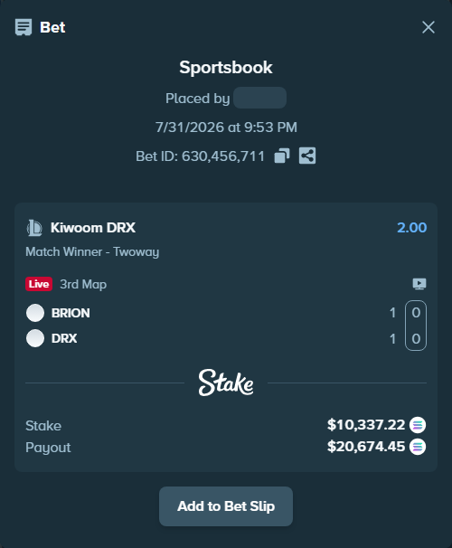 Bet slip: BRION - Kiwoom DRX, $10,231.43 stake at 2.00 odds, placed by Mashko21