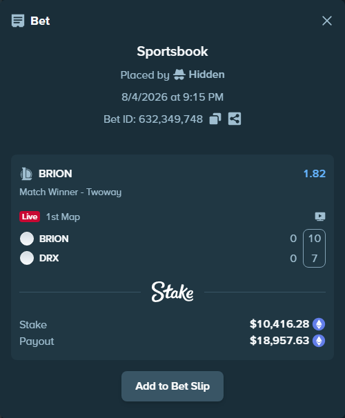 Bet slip: BRION - Kiwoom DRX, $10,615.89 stake at 1.82 odds, placed by Hidden