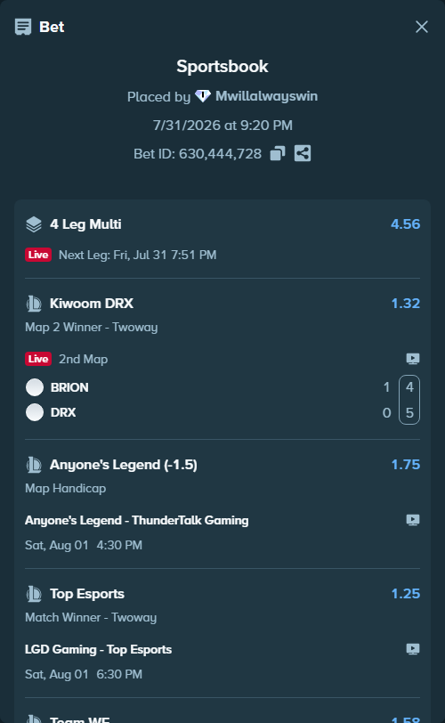 Bet slip: BRION - Kiwoom DRX, $55,368.31 stake at 1.32 odds, placed by Mwillalwayswin