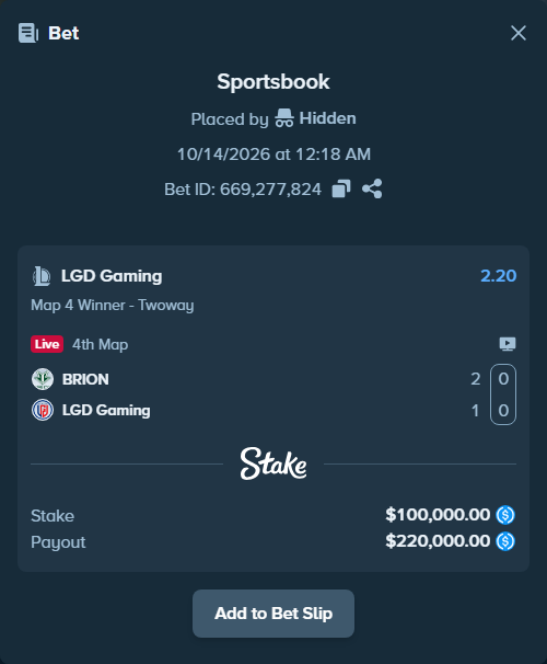 Bet slip: BRION - LGD Gaming, $100,000.00 stake at 2.20 odds, placed by Mwillalwayswin