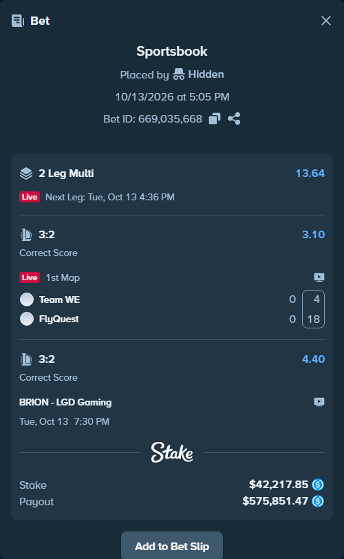 Bet slip: BRION - LGD Gaming, $42,217.85 stake at 4.40 odds, placed by Hidden