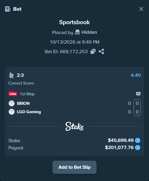 Bet slip: BRION - LGD Gaming, $45,699.49 stake at 4.40 odds, placed by Hidden