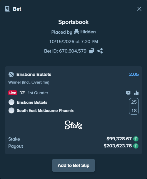 Bet slip: Brisbane Bullets - SE Melbourne Phoenix, $99,428.00 stake at 2.05 odds, placed by Hidden