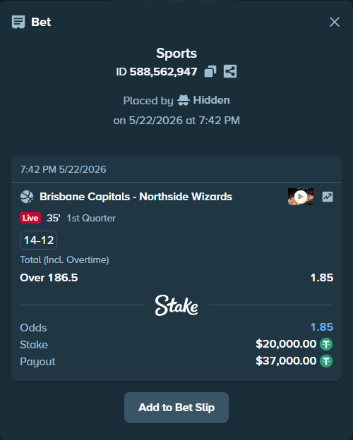 Bet slip: Brisbane Capitals - Northside Wizards, $20,020.00 stake at 1.85 odds, placed by Hidden