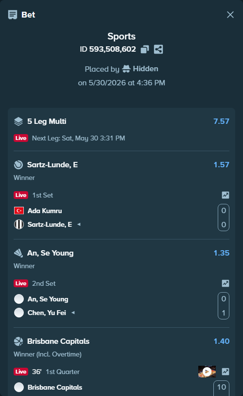 Bet slip: Brisbane Capitals - South West Metro Pirates, $29,514.68 stake at 1.40 odds, placed by Hidden