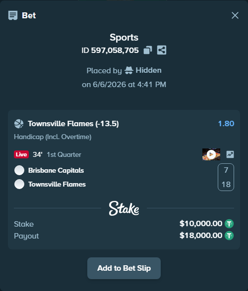 Bet slip: Brisbane Capitals - Townsville Flames, $10,000.00 stake at 1.80 odds, placed by Hidden