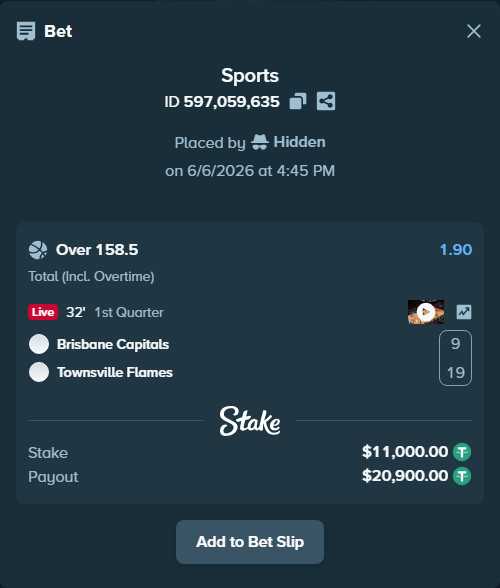 Bet slip: Brisbane Capitals - Townsville Flames, $11,000.00 stake at 1.90 odds, placed by Hidden