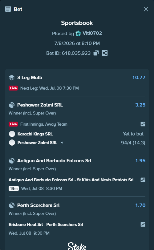 Bet slip: Brisbane Heat SRL - Perth Scorchers SRL, $12,000.00 stake at 1.70 odds, placed by Viti0702