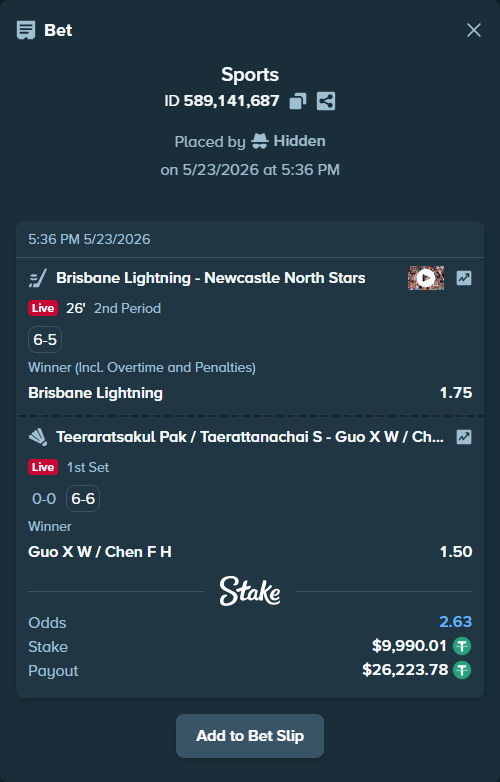 Bet slip: Brisbane Lightning - Newcastle North Stars, $10,000.00 stake at 1.75 odds, placed by Hidden