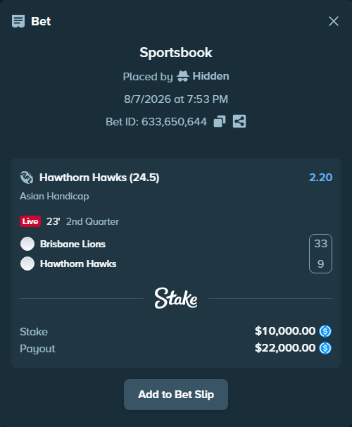 Bet slip: Brisbane Lions - Hawthorn Hawks, $10,000.00 stake at 2.20 odds, placed by Hidden