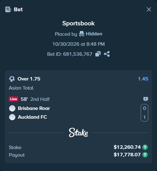 Bet slip: Brisbane Roar - Auckland FC, $12,273.00 stake at 1.45 odds, placed by Hidden