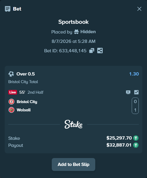 Bet slip: Bristol City - Walsall, $25,323.00 stake at 1.30 odds, placed by Hidden