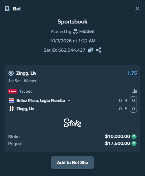 Bet slip: Britez Risso, Leyla Fiorella - Zingg, Liv, $10,000.00 stake at 1.75 odds, placed by Hidden
