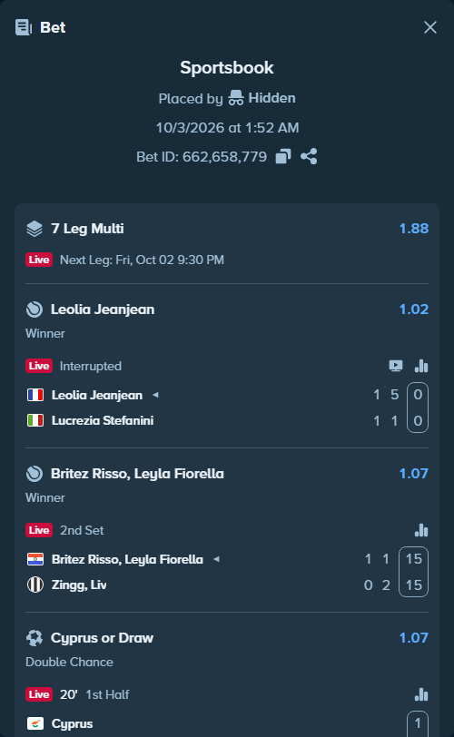 Bet slip: Britez Risso, Leyla Fiorella - Zingg, Liv, $10,000.00 stake at 1.07 odds, placed by Chitico19