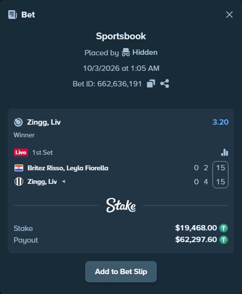 Bet slip: Britez Risso, Leyla Fiorella - Zingg, Liv, $19,468.00 stake at 3.20 odds, placed by Hidden
