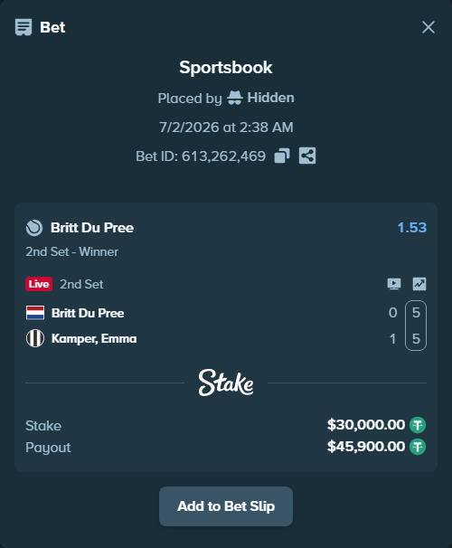 Bet slip: Britt Du Pree - Kamper, Emma, $30,030.00 stake at 1.53 odds, placed by Hidden